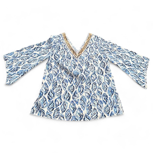 Lilly Pulitzer Flare Sleeve V-Neck Tunic Top Size 2 Seashell Print Beaded Neck - Picture 1 of 11